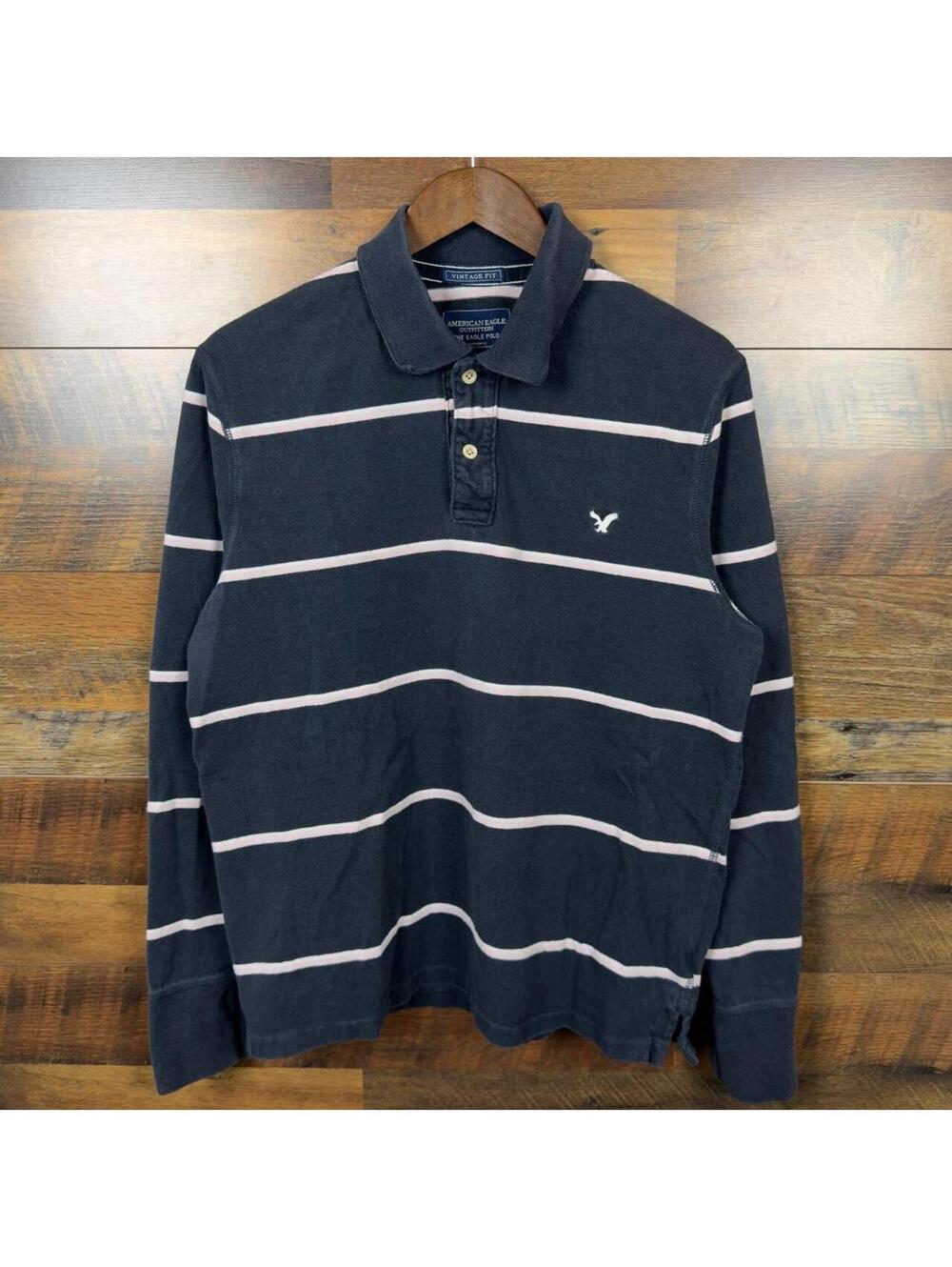 Vintage 90s American Eagle Striped Long Sleeve Polo Shirt Large